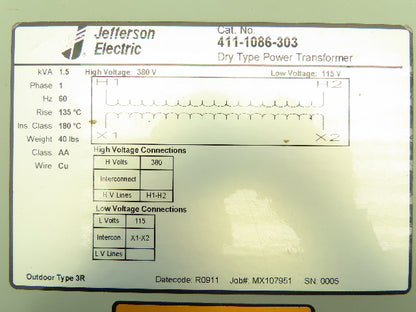 Jefferson Electric 411-1086 Control Transformer 1.5KVA 380V Input 115V Output