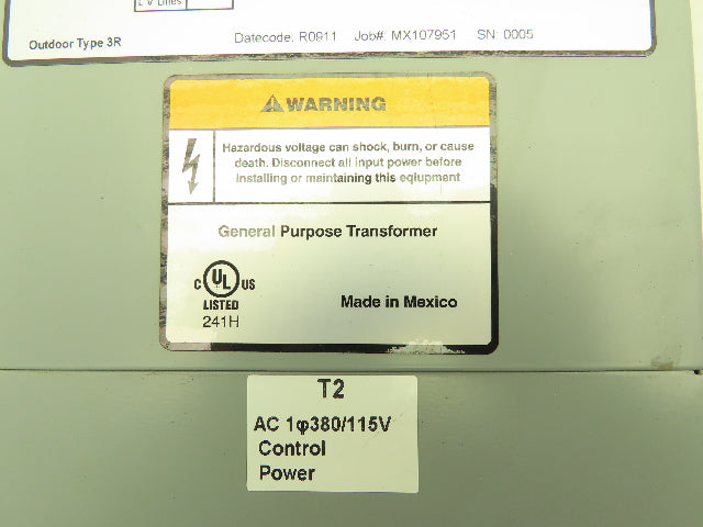 Jefferson Electric 411-1086 Control Transformer 1.5KVA 380V Input 115V Output