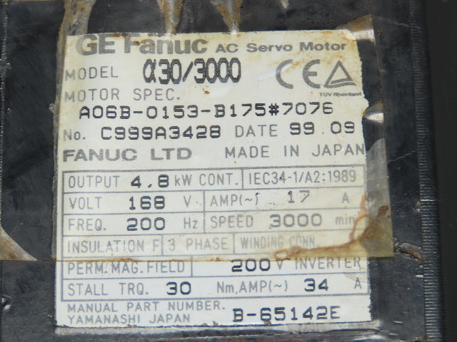 Fanuc A06B-0153-B175 AC Servo Motor 4.8kW 17A 3000 RPM 168V 3PH