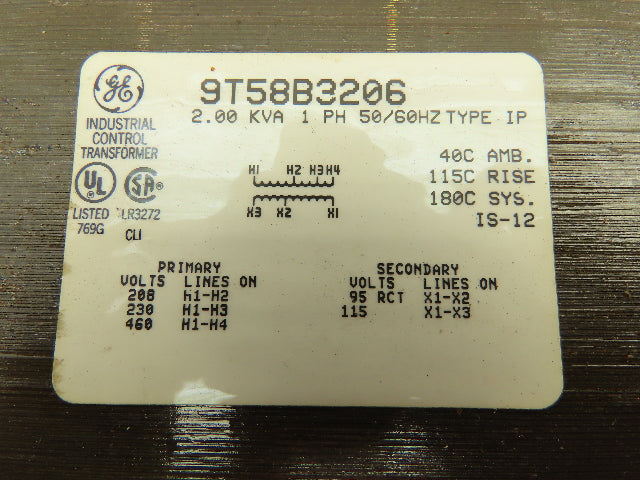 General Electric 9T58B3206 Control Transformer 2KVA 1Ph Pri 230/460V Sec 115V
