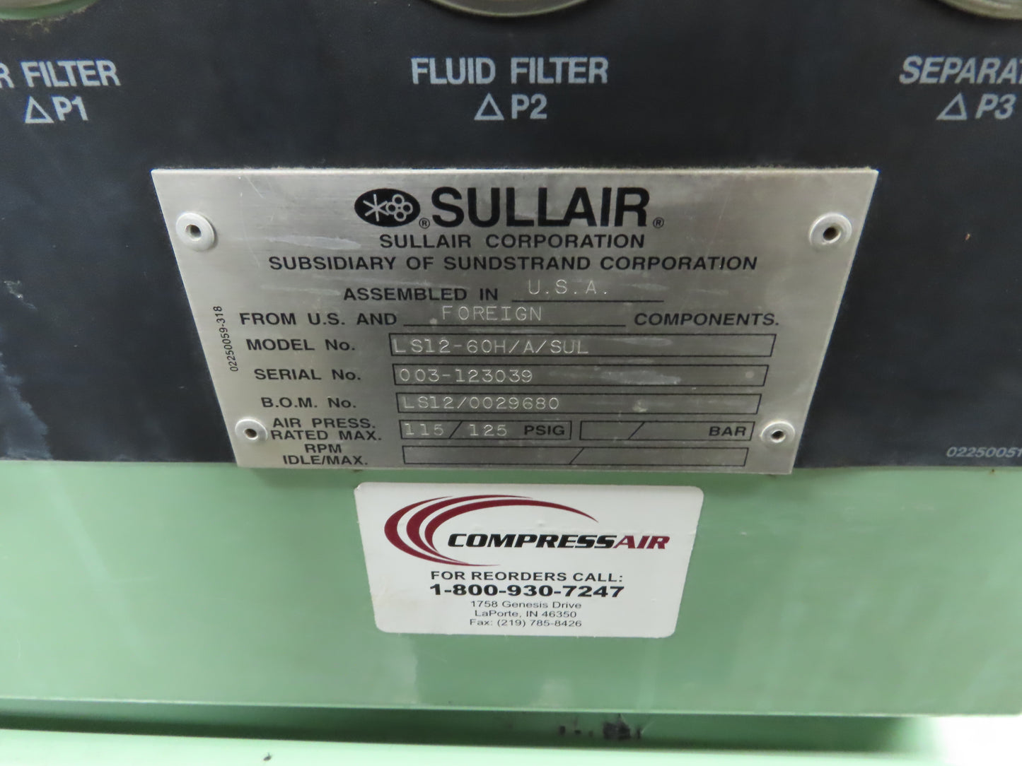 Sullair LS12-60H/A/SUL Rotary Screw Air Compressor 60HP 200V 3Ph 125 PSI 36276H