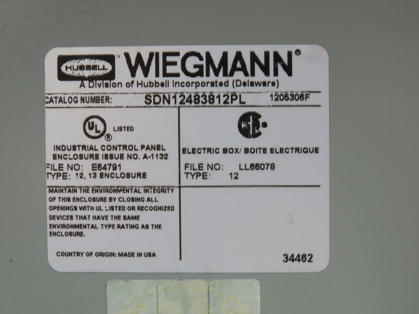 Wiegmann Freestanding Electrical Enclosure Control Panel Fusible Disc 48x38x12"