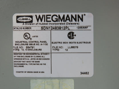 Wiegmann Freestanding Electrical Enclosure Control Panel Fusible Disc 48x38x12"