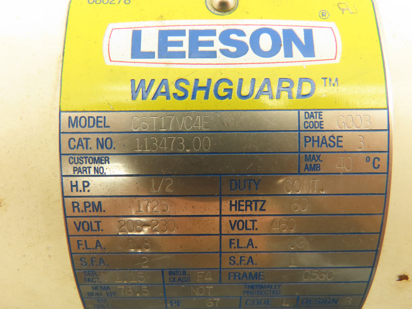 Leeson C6T17VC4E Washguard Electric Motor 1/2Hp 1725 RPM 3PH 230/460V C56C