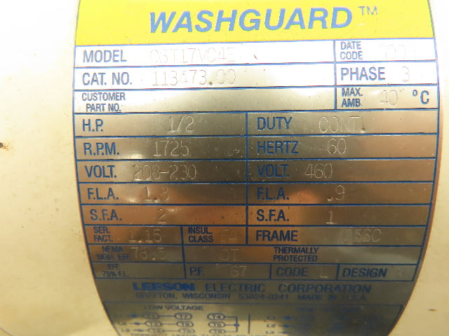 Leeson C6T17VC4E Washguard Electric Motor 1/2Hp 1725 RPM 3PH 230/460V C56C