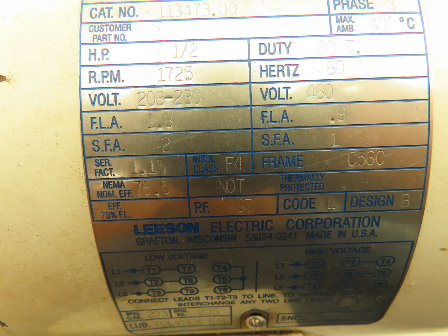 Leeson C6T17VC4E Washguard Electric Motor 1/2Hp 1725 RPM 3PH 230/460V C56C