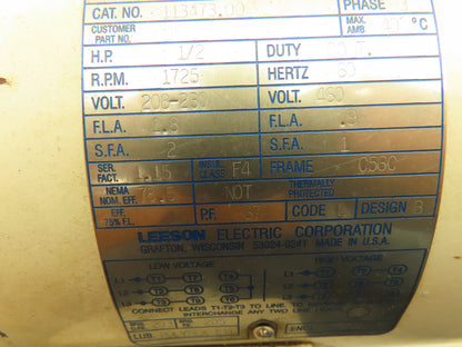 Leeson C6T17VC4E Washguard Electric Motor 1/2Hp 1725 RPM 3PH 230/460V C56C