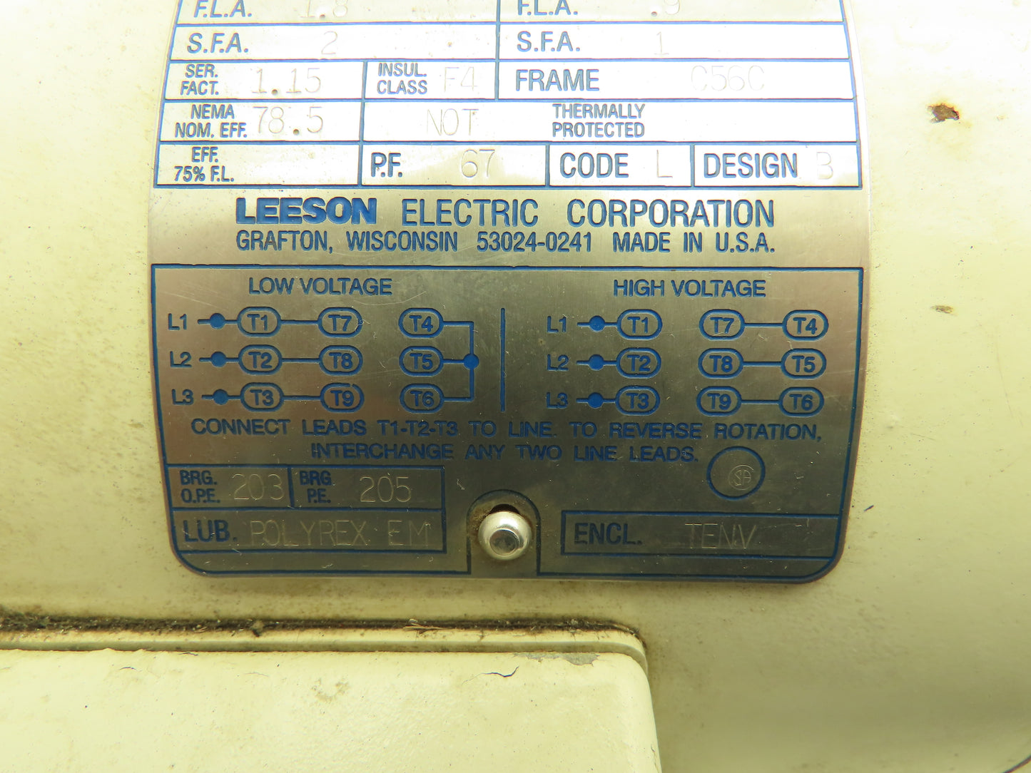 Leeson C6T17VC4E Washguard Electric Motor 1/2Hp 1725 RPM 3PH 230/460V C56C
