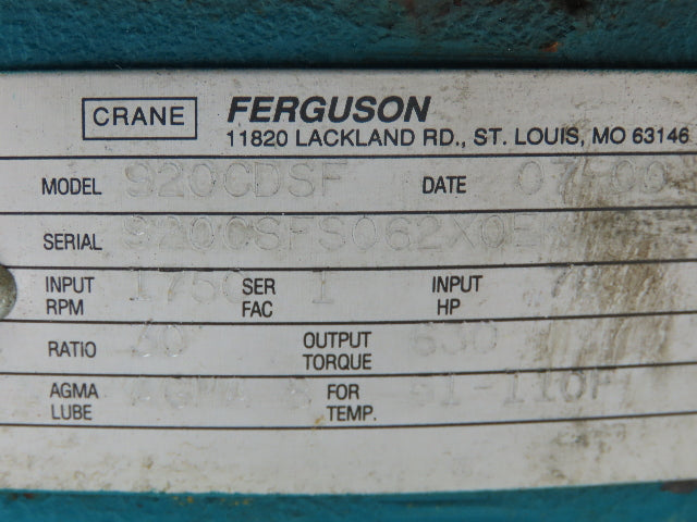 Crane Ferguson Sentry S-162 Right Angle Index Drive RH Cam 30:1 Reducer 920CDSF