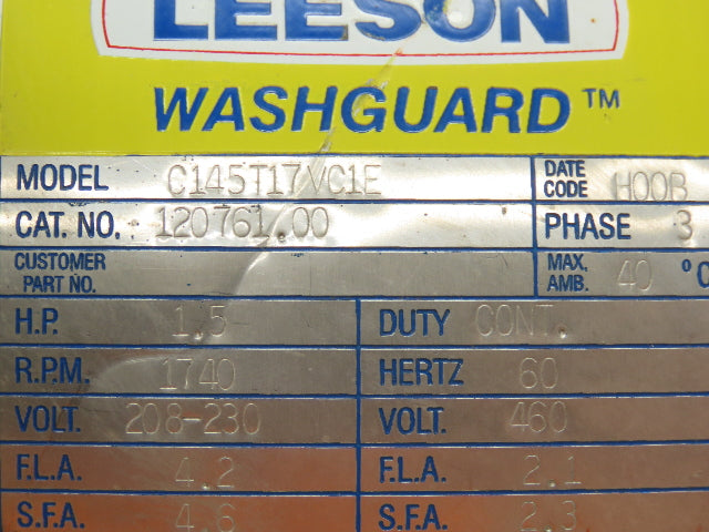 Leeson C145T17VC1E Washguard AC Motor 1.5Hp 1740 RPM 230/460V 3PH J145TC