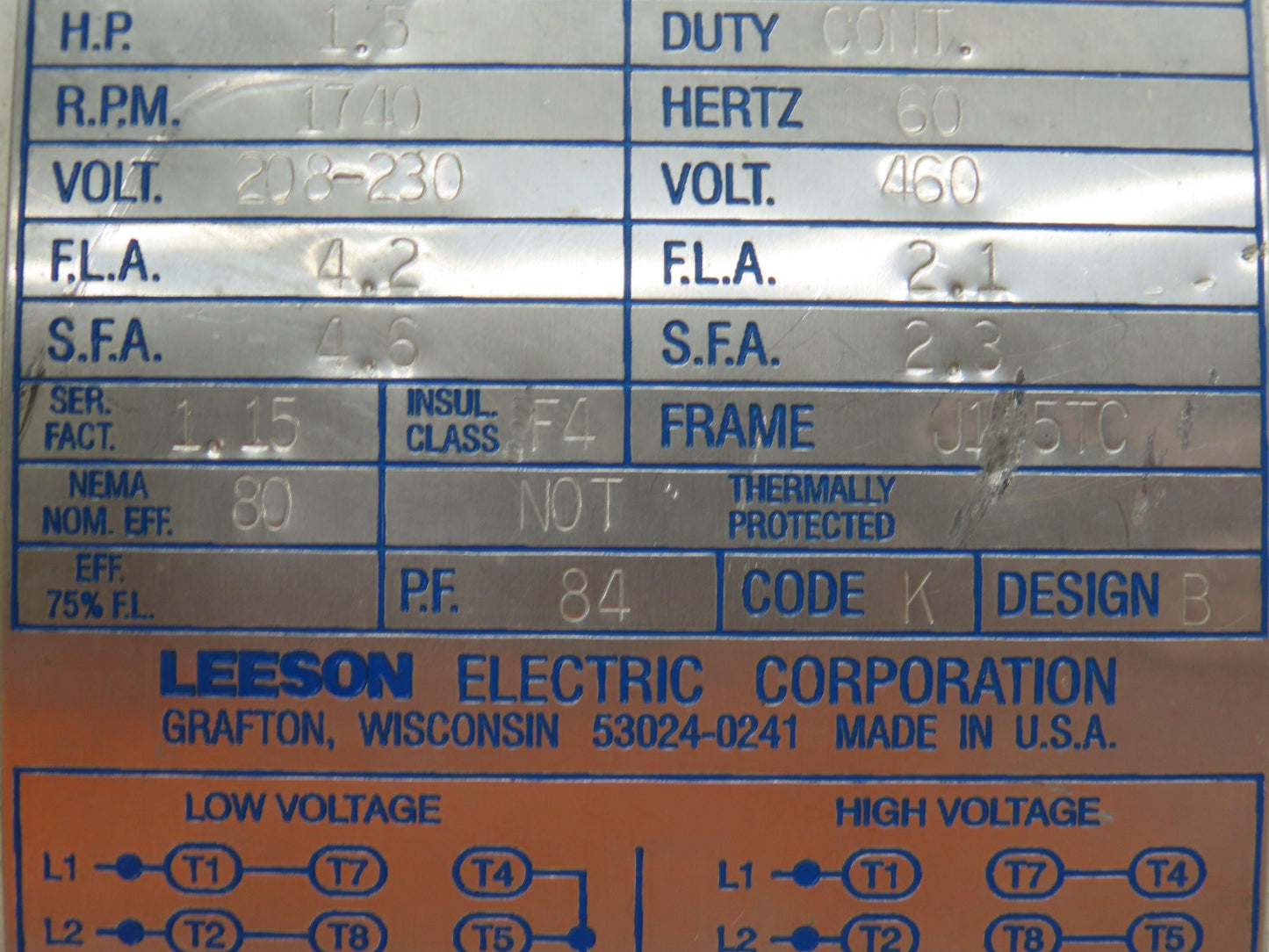 Leeson C145T17VC1E Washguard AC Motor 1.5Hp 1740 RPM 230/460V 3PH J145TC