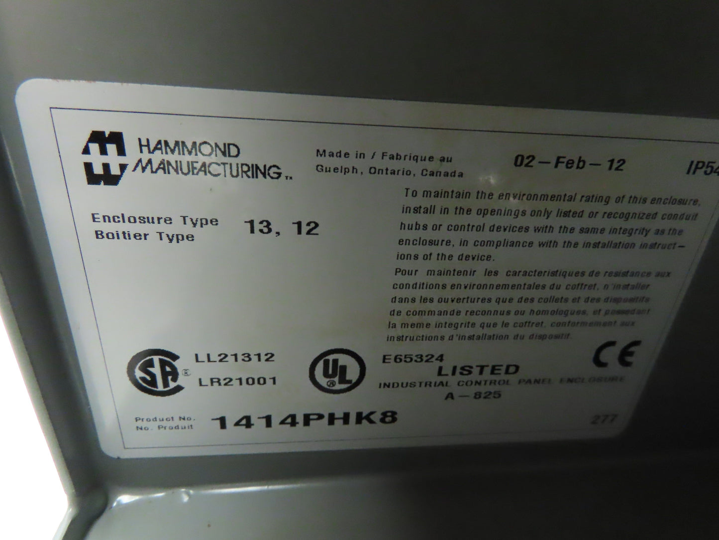 Hammond 1414PHK8 Electrical Enclosures 12x10x8" 25A Disconnect Backplate