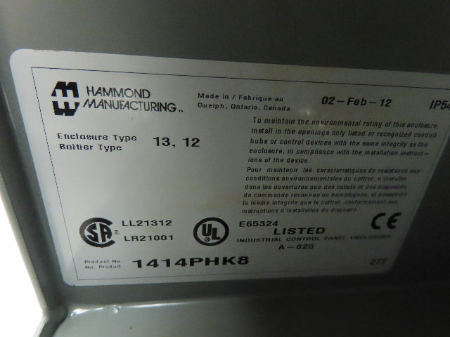 Hammond 1414PHK8 Electrical Enclosures 12x10x8" 25A Disconnect Backplate