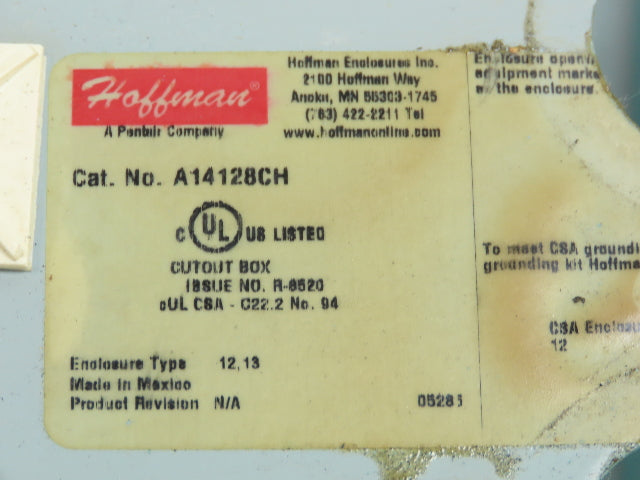 Hoffman A14128CH Electrical Enclosure 14x12x8" Terminal Block 9.5x5.5" Cutout