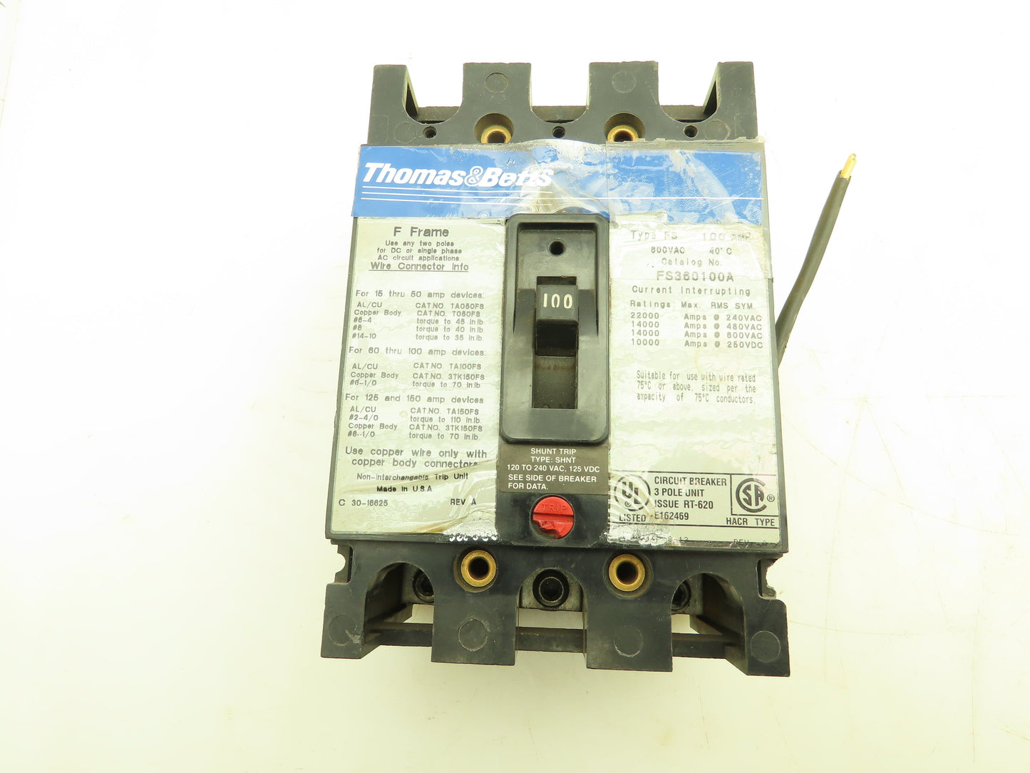 Thomas & Betts FS360100A Type FS 3-Pole Circuit Breaker 100A 3PH 600V Shunt Trip