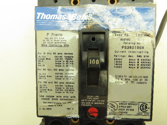 Thomas & Betts FS360100A Type FS 3-Pole Circuit Breaker 100A 3PH 600V Shunt Trip
