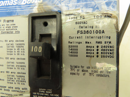 Thomas & Betts FS360100A Type FS 3-Pole Circuit Breaker 100A 3PH 600V Shunt Trip