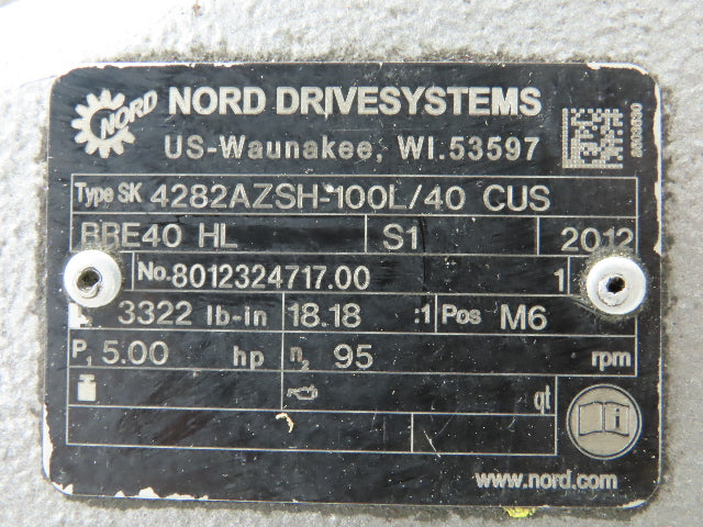 Nord SK 4282-100L/40 Shaft Mount Gearmotor 5Hp 230/460V 3PH 18:1 Reducer 95 RPM