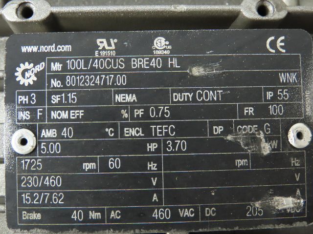 Nord SK 4282-100L/40 Shaft Mount Gearmotor 5Hp 230/460V 3PH 18:1 Reducer 95 RPM