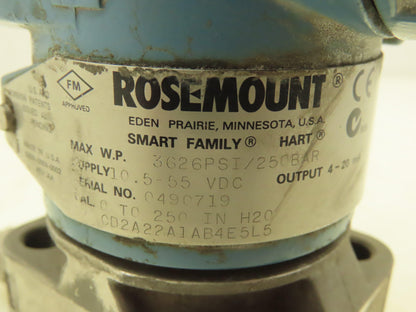 Rosemount 03031 0761 0022 Coplanar Pressure Transmitter 3626 PSI 0-250" H2O