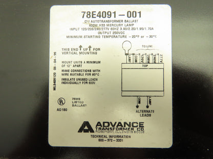 Advance Transformer 78E4091-001 Autotransformer Ballast 120/208/240/277V 60Hz