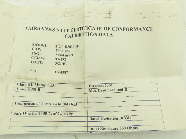 Fairbanks LCF-R3030-10 Floor Scale Load Cell Sensor 5K 5000 Lb Cap