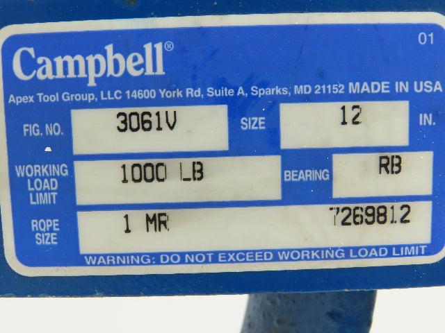 Campbell 3061V Gin Wheel Roofer's Block 12" Pulley Sheave Roller Bushed 1000Lb
