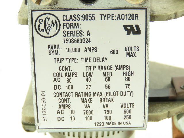 P&H EC&M A0120R Magnetic Overload Dashpot Relay 600V Ser A