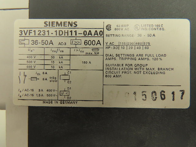 Siemens 3VF1231-1DH11-0AA0 Circuit Breaker 36-50A 3Ph 600V