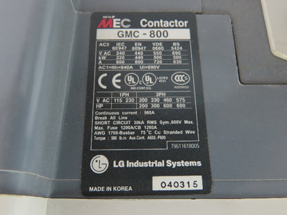 LG GMC-800 MEC Contactor IEC Motor Starter 840A 690V META 120V Coil