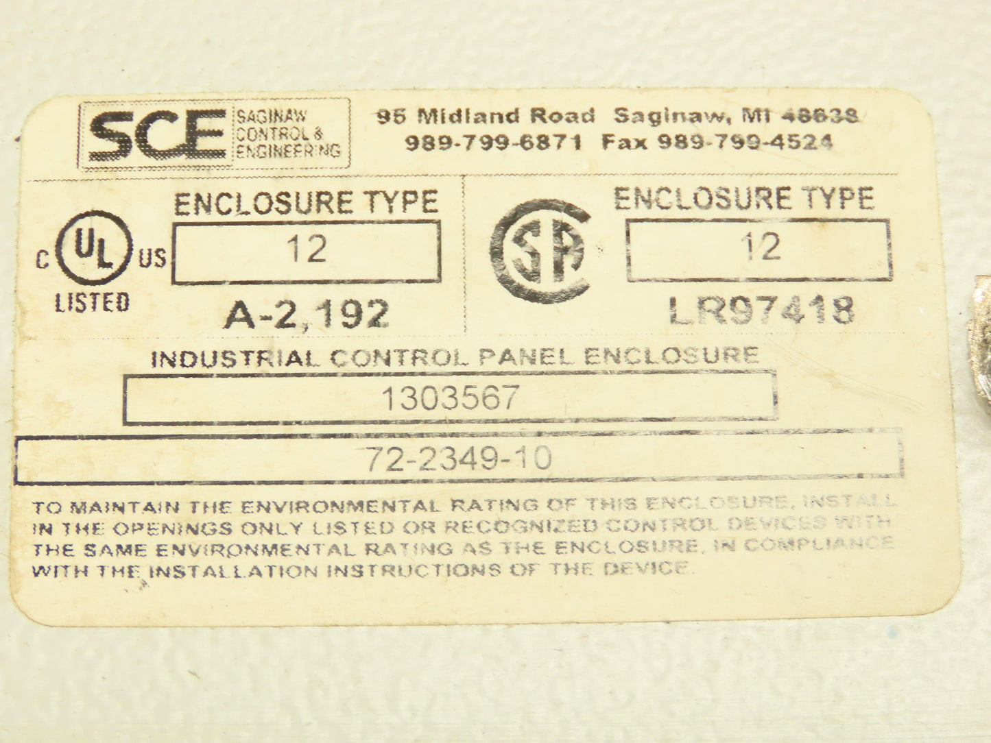 SCE 72-2349-10 Electrical Enclosure 20x16x10" Disconnect Hinged Door Backplate