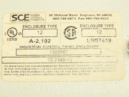 SCE 72-2349-10 Electrical Enclosure 20x16x10" Disconnect Hinged Door Backplate