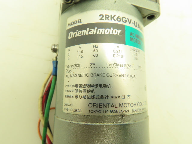 Oriental Motor 2RK6GV-UAM Gearmotor 6W 1/125Hp 115V 1PH 360:1 Gearhead 2GV360B