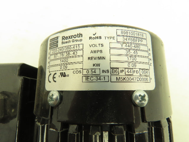 Rexroth 3842503061 Gearmotor Speed Reducer 9 Nm 20:1 Ratio 0.09kw Motor 480V 3Ph