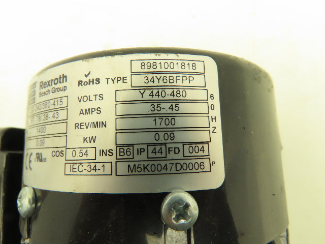 Rexroth 3842503061 Gearmotor Speed Reducer 9 Nm 20:1 Ratio 0.09kw Motor 480V 3Ph