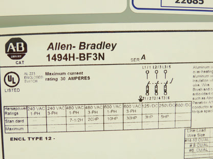 Allen Bradley 1494H-BF3N Safety Disconnect Enclosure 30A 600V Modified