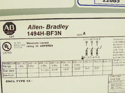 Allen Bradley 1494H-BF3N Safety Disconnect Enclosure 30A 600V Modified