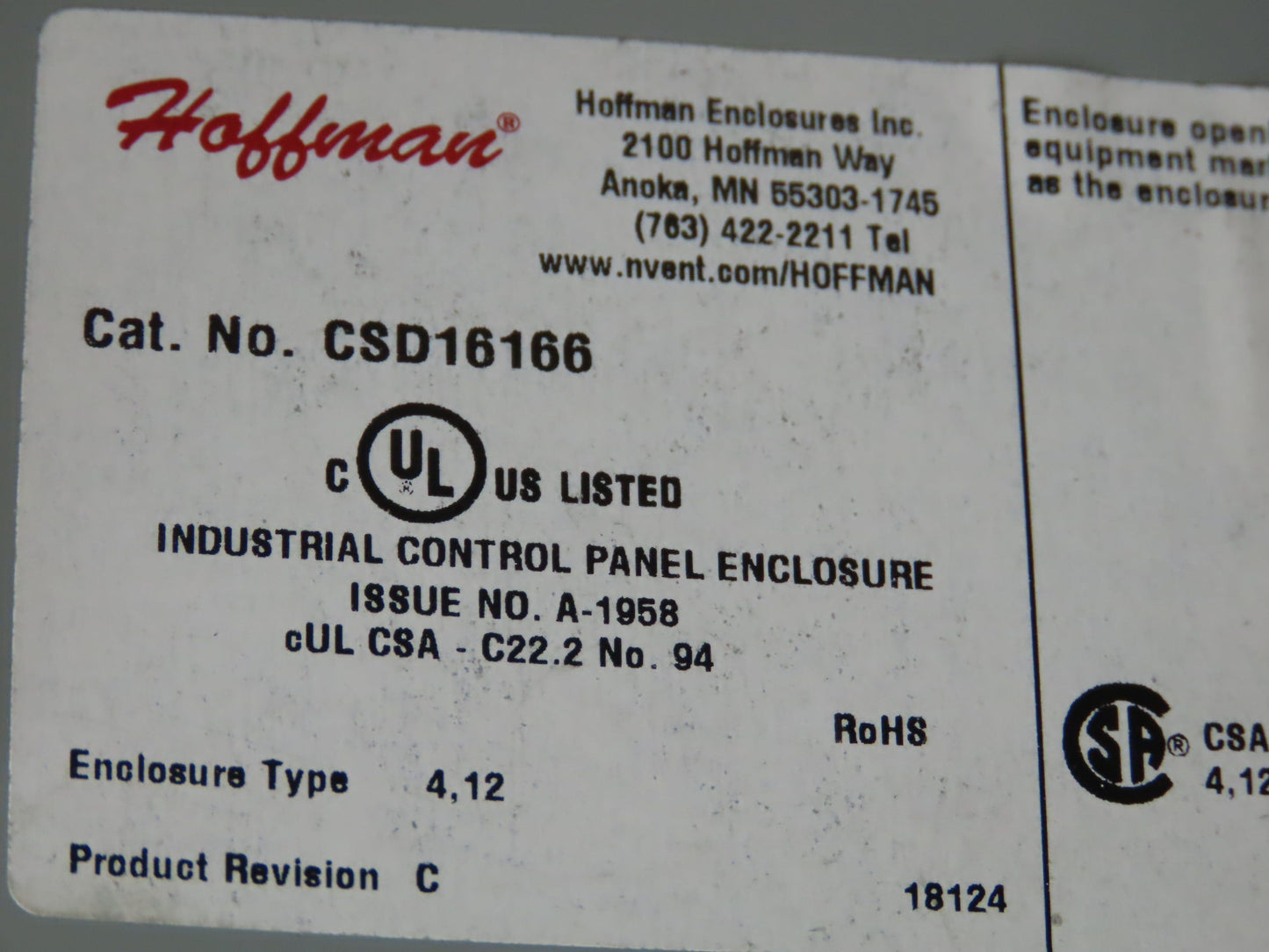 Hoffman CSD16166 Electrical Enclosure 16x16x6" Wall Mount Backplate Knockout