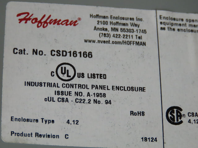 Hoffman CSD16166 Electrical Enclosure 16x16x6" Wall Mount Backplate Knockout