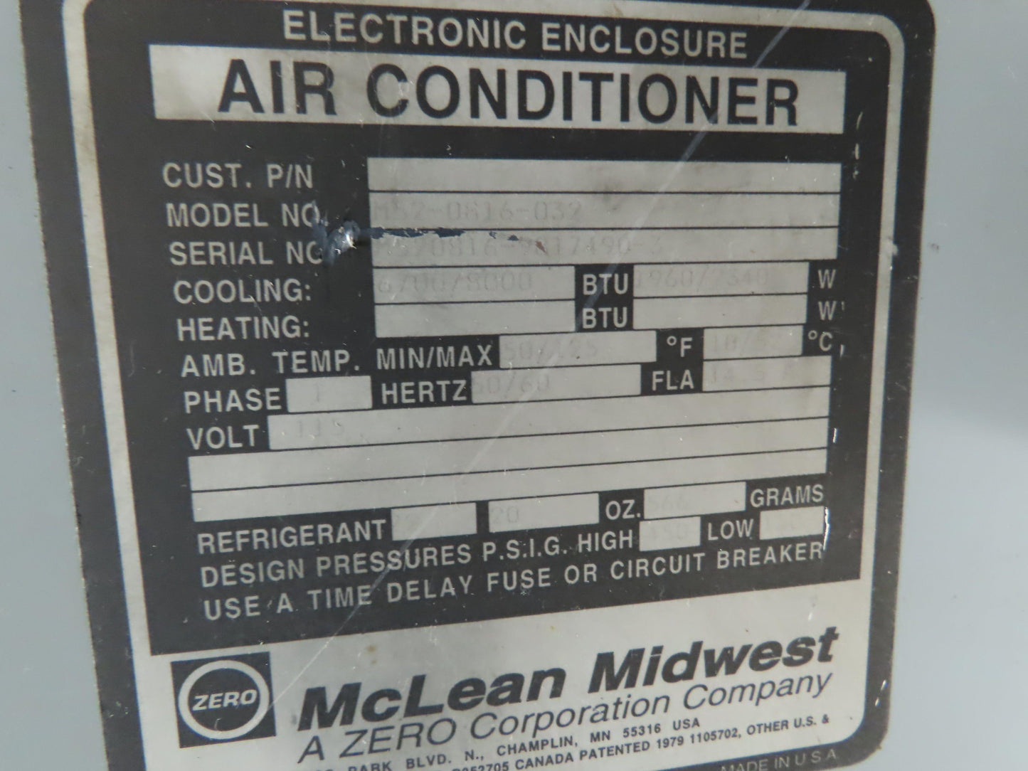 Mclean Midwest M52-0816-032 Electronic Enclosure Air Conditioner 8000 BTU 115V