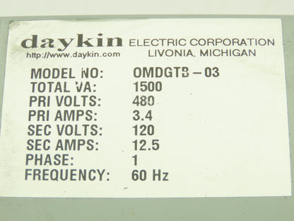Daykin OMDGTB-03 Step-Down Transformer 1500VA 480V To 120V Disconnect