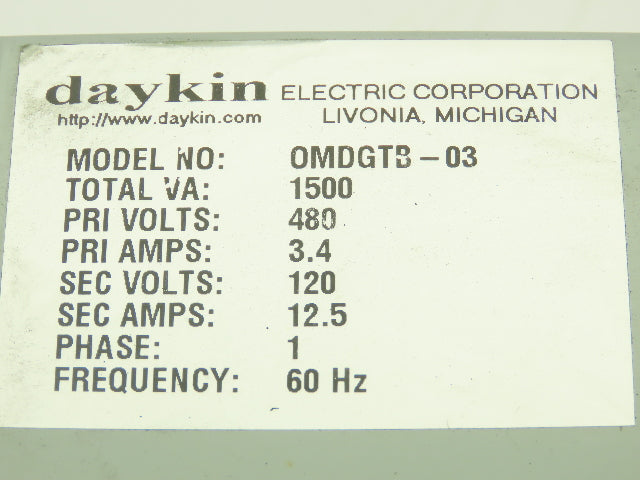 Daykin OMDGTB-03 Step-Down Transformer 1500VA 480V To 120V Disconnect
