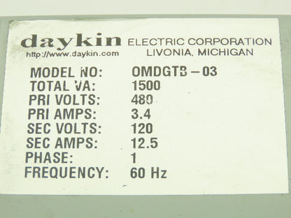 Daykin OMDGTB-03 Step-Down Transformer 1500VA 480V To 120V Disconnect