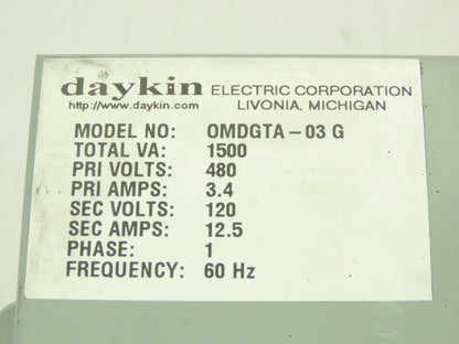 Daykin OMDGTA-03 Step-Down Transformer 1500VA 480V To 120V GFI Outlet Disconnect