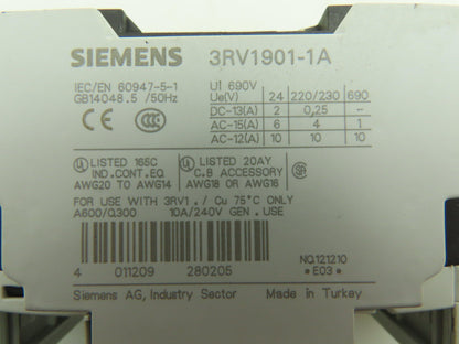 Siemens 3RV1821-4BD10 Circuit Breaker 3Ph 20A 480V Din Rail Mount