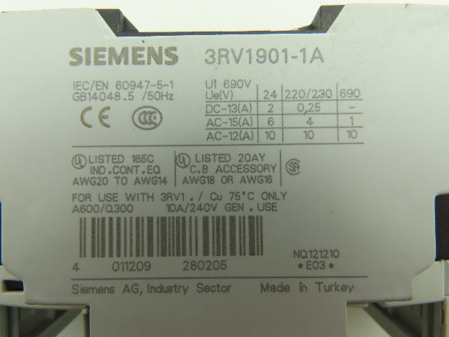 Siemens 3RV1821-4BD10 Circuit Breaker 3Ph 20A 480V Din Rail Mount