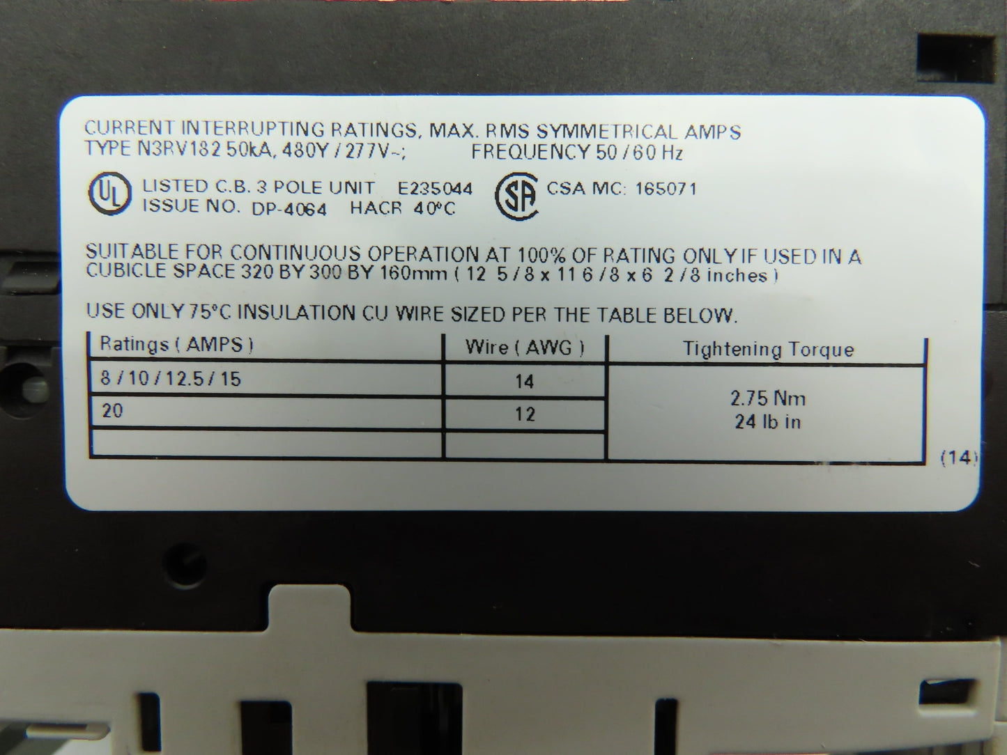 Siemens 3RV1821-4BD10 Circuit Breaker 3Ph 20A 480V Din Rail Mount