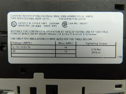 Siemens 3RV1821-4BD10 Circuit Breaker 3Ph 20A 480V Din Rail Mount