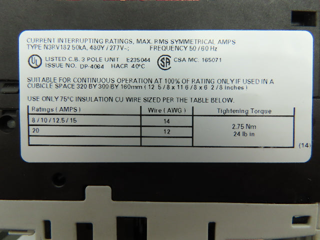 Siemens 3RV1821-4BD10 Circuit Breaker 3Ph 20A 480V Din Rail Mount