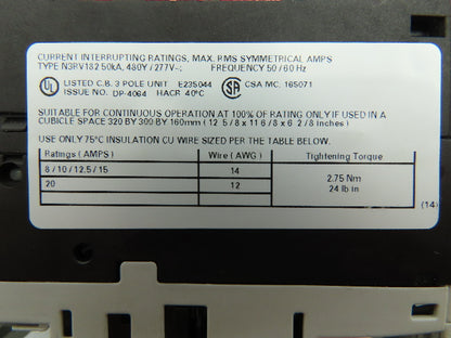 Siemens 3RV1821-4BD10 Circuit Breaker 3Ph 20A 480V Din Rail Mount